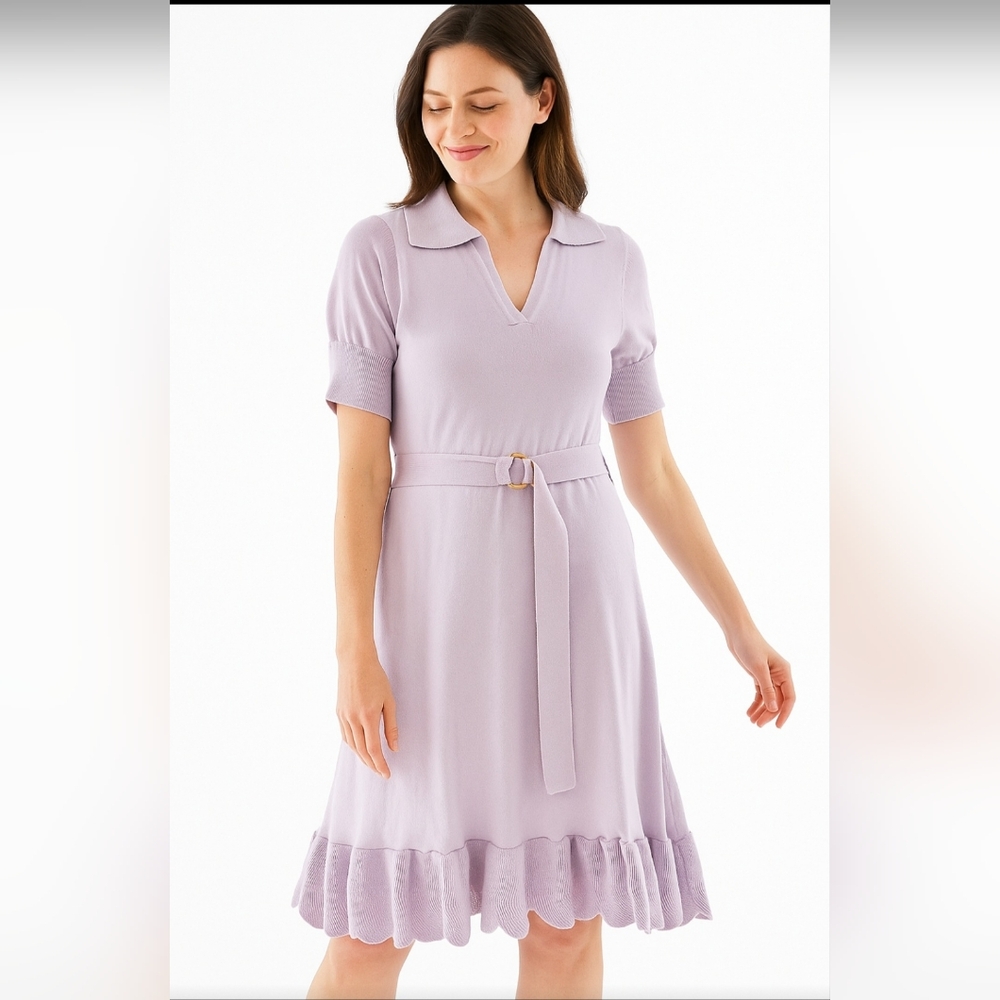 Lilac light purple lavender short sleeves gold tone belt rayon knit dress S